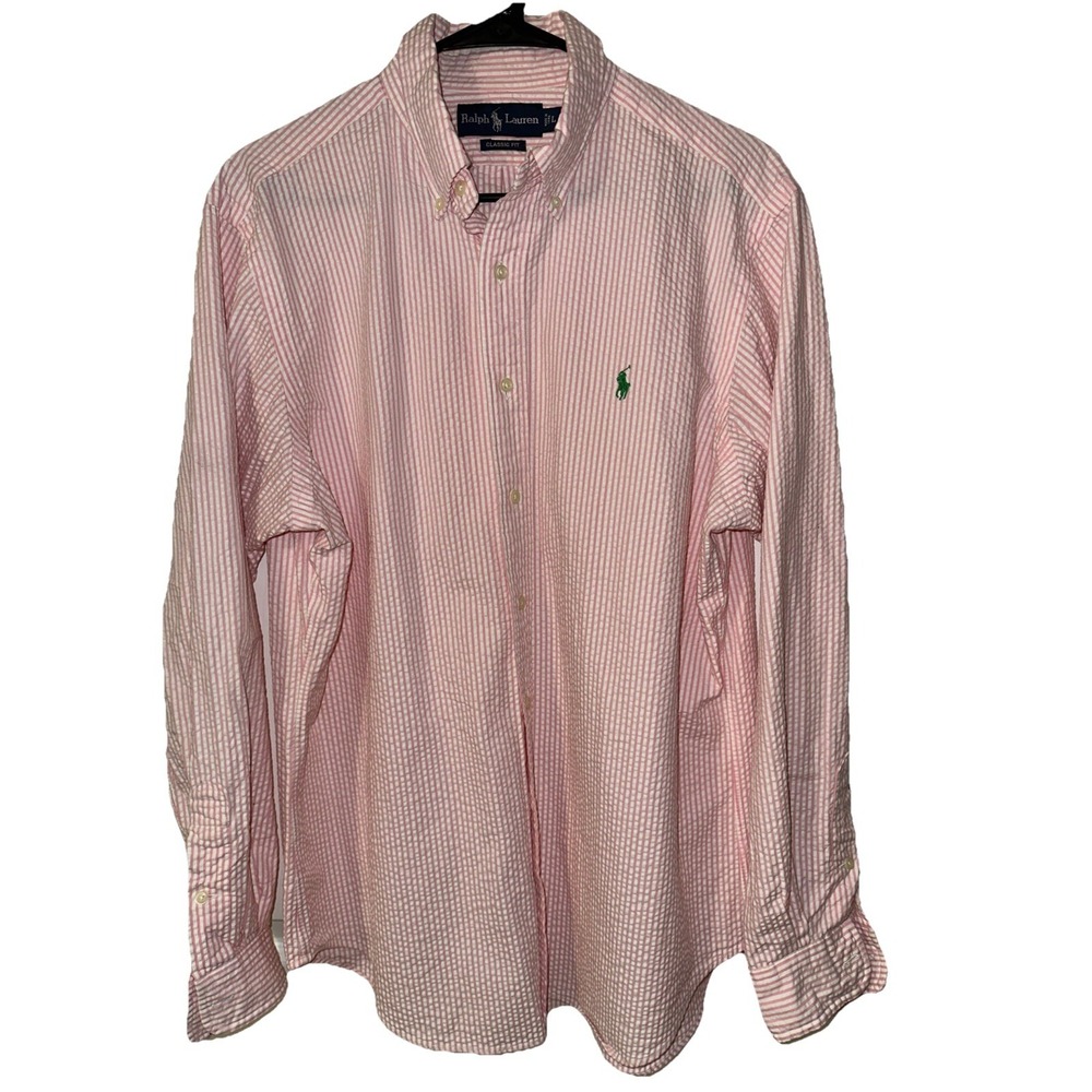 Polo by Ralph Lauren Pink and White Seersucker Striped Button-Down Shirt Men’s L